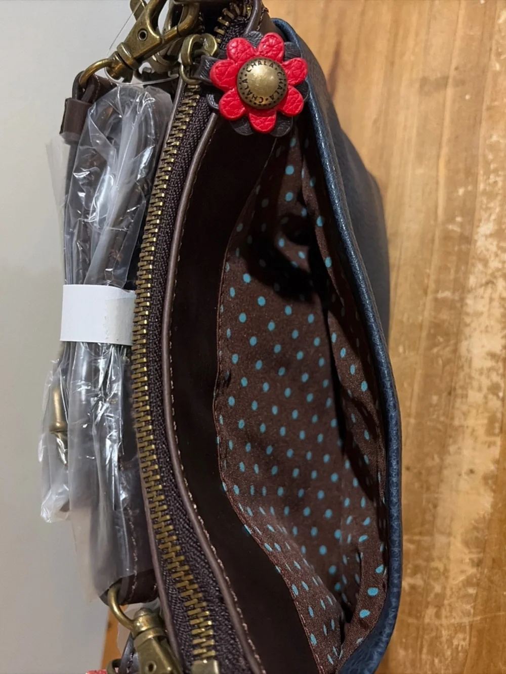 Chala Blue and Red Crossbody Bag with Cardinal Embroidery NWT